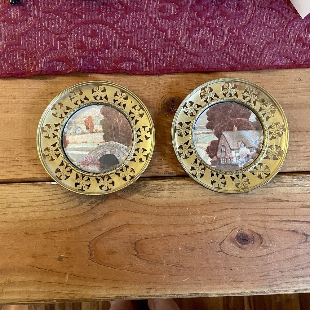 Vintage MCM/Hollywood Regency Brass Framed Foil Art Wall Decor Set Of 2  5.5"